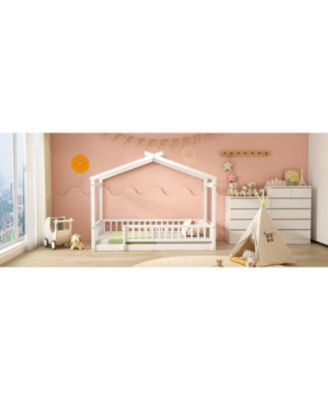 Twin Size Wood House Bed Roof Fence Pine Wood Frame 7 Slats Kids Bedroom