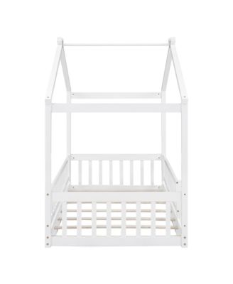 Twin Size Wood House Bed Roof Fence Pine Wood Frame 7 Slats Kids Bedroom