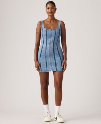 Women's Seamed Figure Hugging Slim Fit Square Neck Cotton Dress