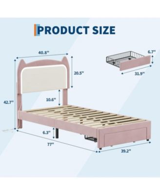 Bed Frame with Cat Headboard, RGB LED Lights, Storage Drawer & Wood Slats, Noise Free,