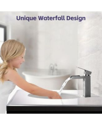 Brushed Nickel Waterfall Bathroom Faucet, Single Handle, 1/3 Hole with Deck Plate and Overflow Pop-Up Drain