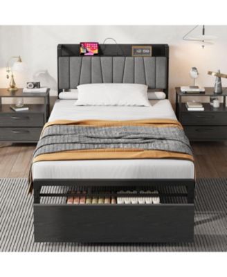 Bed Frame with Storage Drawer, Industrial Bed with Upholstered Headboard and Charging Station, No Box Spring Needed