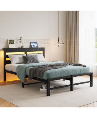 Full Size Metal Bed Wooden Headboard RGB Lights Charger Storage