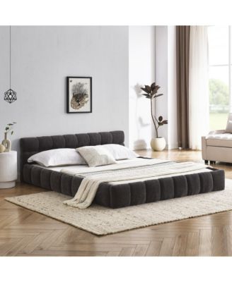 Queen Size Grounded Upholstered Bed Thick Chenille Fabric Solid Frame