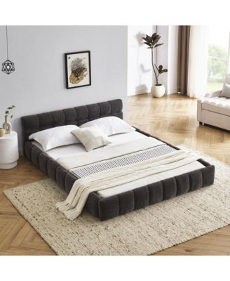 Queen Size Grounded Upholstered Bed Thick Chenille Fabric Solid Frame