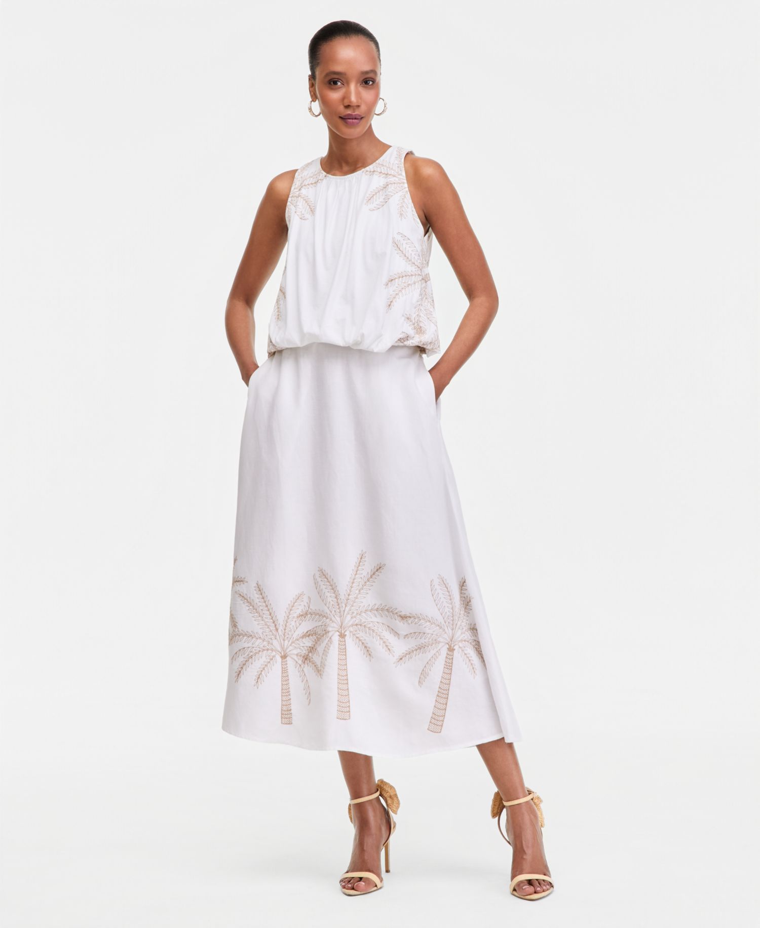 Women's Linen-Blend Embroidered Midi Skirt