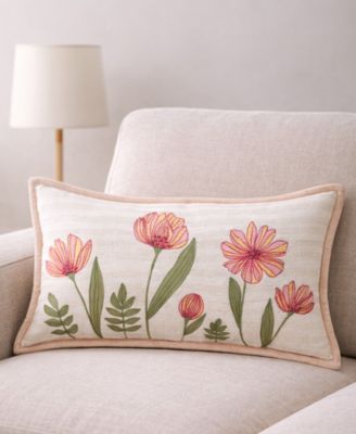 Poppy Garden Spring Embroidered Lumbar Decorative Pillow, 14" x 24"