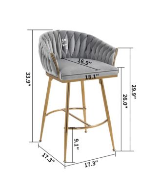 Velvet Bar Stools Set of 2 - Hand-Wave Back, Golden Chrome Base and Footrest, Counter Height Chairs for Kitchen Island, Home Pub