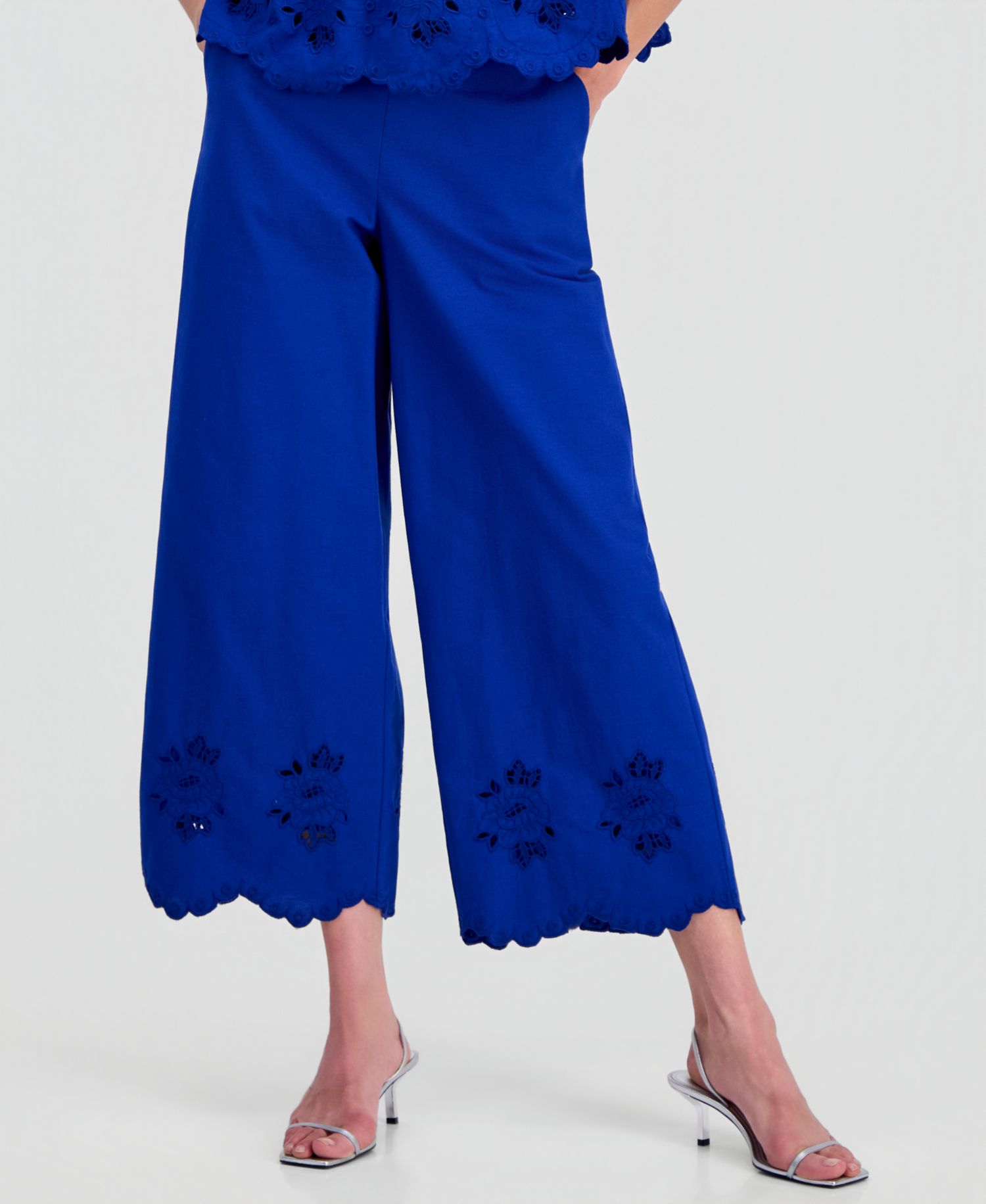Women's Linen-Blend Cutwork-Hem Pull-On Pants