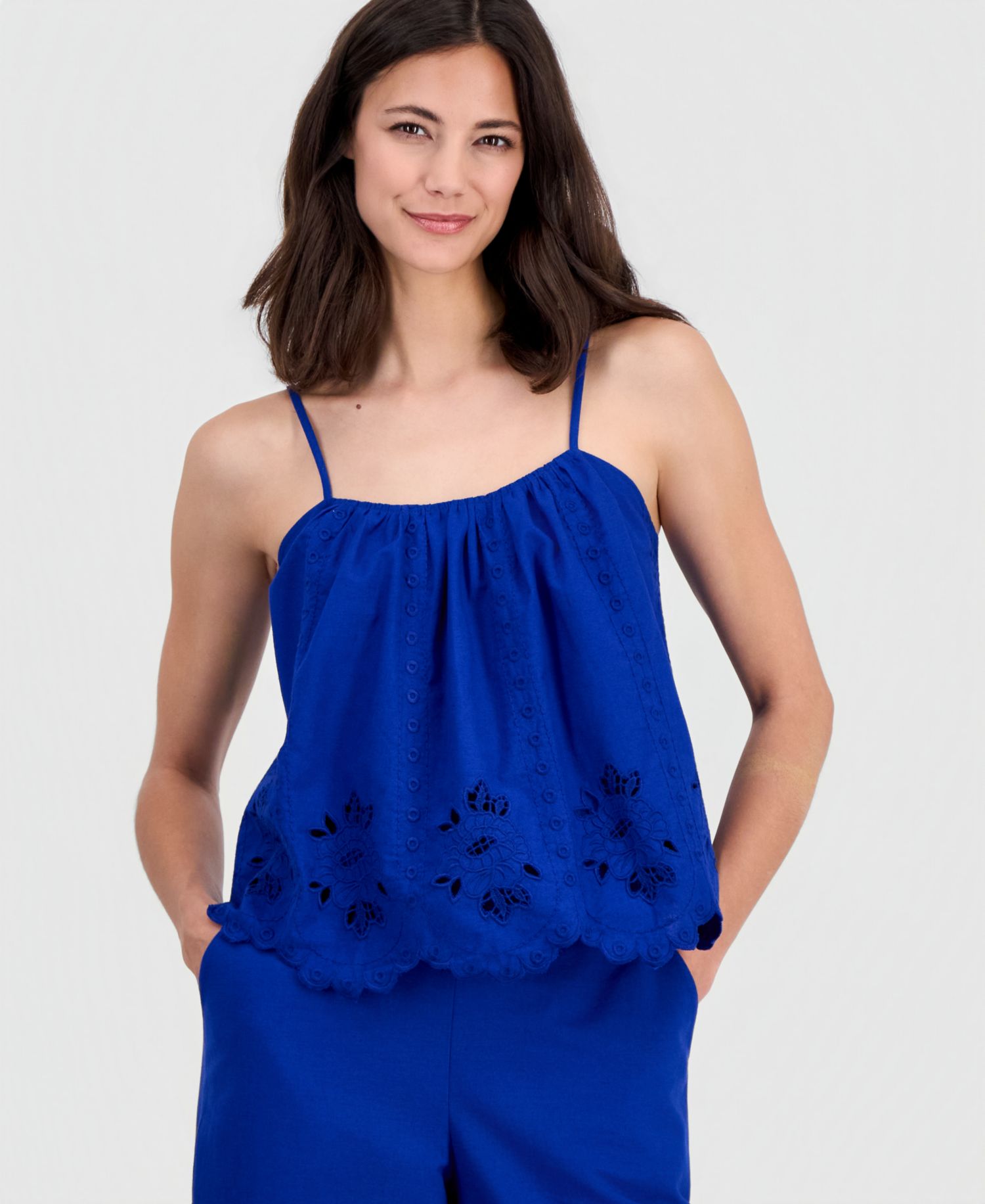 Women's Linen-Blend Cutwork-Hem Tank Top