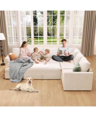 Sectional Sleeper Sofa with Pull Out Bed, Chenille Modular Sectional Sofa L Shaped Couch with Pull Out Couch and Storage Seat