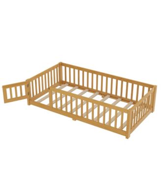 Kids Floor Bed with Safety Guardrails Removable Slats and Door Wood Construction