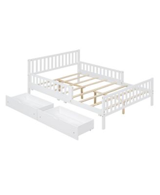  Wood Platform Bed with Dual Side Guardrails Two Storage Drawers and Slat Support