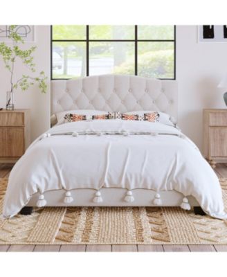 Upholstered Platform Bed Saddle Curved Adjustable Headboard Diamond Tufted Beige No Box Spring