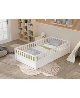 Montessori Wooden Floor Bed With Support Slat High Barrier And Door