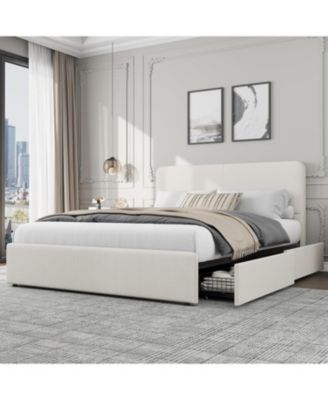 Queen Size Double Drawer Soft Bag Bed, Corduroy White Upholstered Bed with Storage, Soft and Comfortable Mattress, No Box Spring Needed