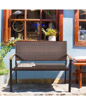 Patio Wicker Bench All Weather Rattan Chair Loveseat w/ Acacia Armrest