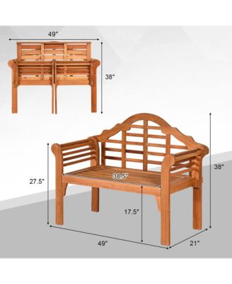 Foldable Patio Wooden Bench Garden Loveseat with Crown-Like Backrest