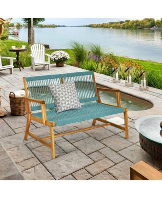 Wooden Rope Bench Loveseat Patio Garden Outdoor w/ Backrest and Armrest
