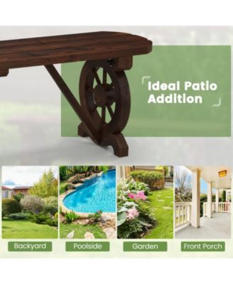 Rustic Wood Bench w/ Wagon Wheel Base Slatted Seat Design Max Load Patio