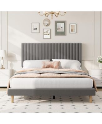 Queen Size Iron + MDF Vertical Stripe Bed Frame, Light Gray Upholstered, Modern Design, No Box Spring, Sturdy Construction