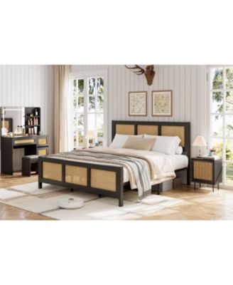 King Size Rattan Bed Frame, Boho Cane Platform Bed Frame, with Strong Metal Slat & Headboard, Easy Assemble,No Box Spring Needed