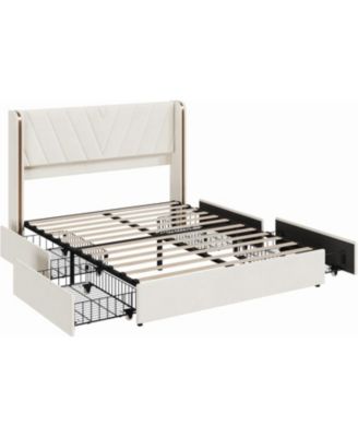 Queen Velvet Platform Bed Frame with 4 Storage Drawers, RGB LED Lights & Wingback Headboard, Noise-Free, No Box Spring, Easy Assembly
