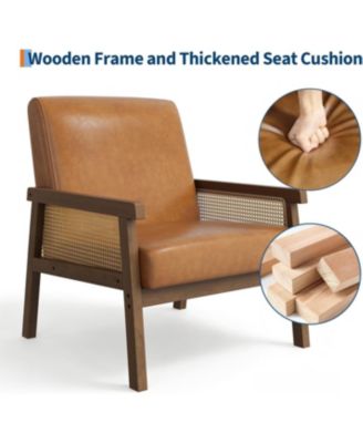 PU Leather Accent Chair,Rattan Armchair with Wooden Frame,High Back,Upholstered Reading Chair Leisure Chairs for Living Room Bedroom