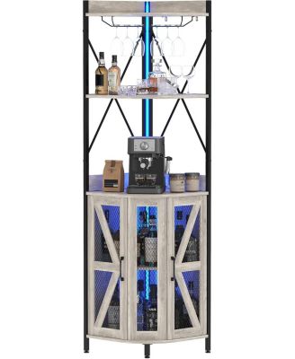 72in Corner Wine Cabinet with Power Outlet, Industrial Wine Cabinet w/LED Strip&Glass Holder, 5 Tiers Liquor Cabinets Bar for Home, Small Space