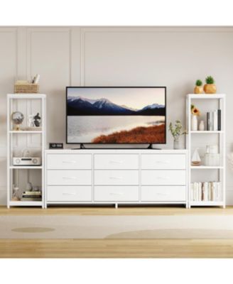 TV Stand Dresser for 75 Inch TV, Large Entertainment Center with Fabric Drawers & 4 Tier Storage Shelves