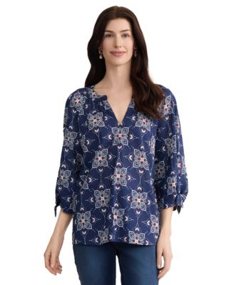 Women's Raglan Sleeve V-Neck Printed Cotton Blouse