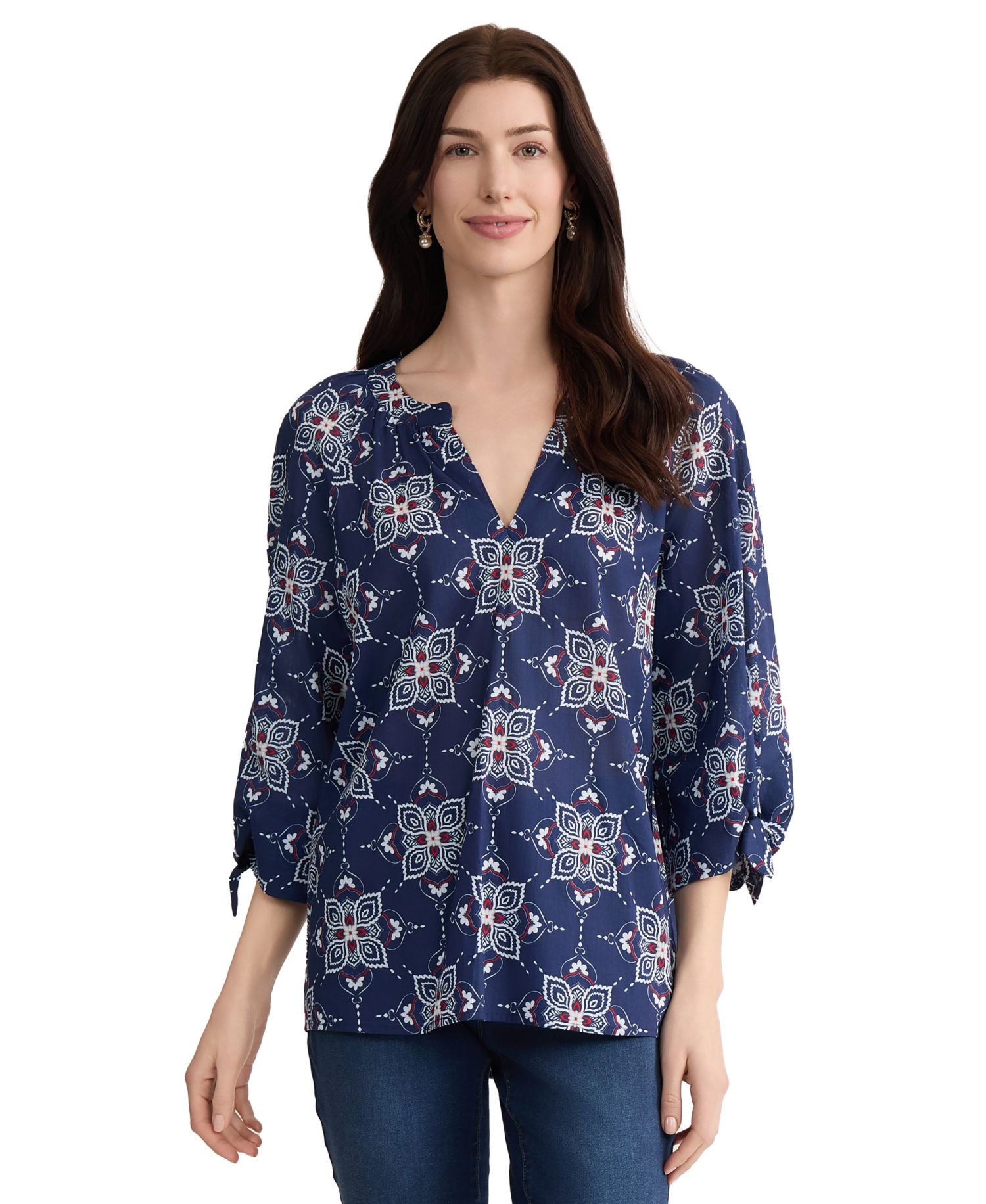 Women's Raglan Sleeve V-Neck Printed Cotton Blouse
