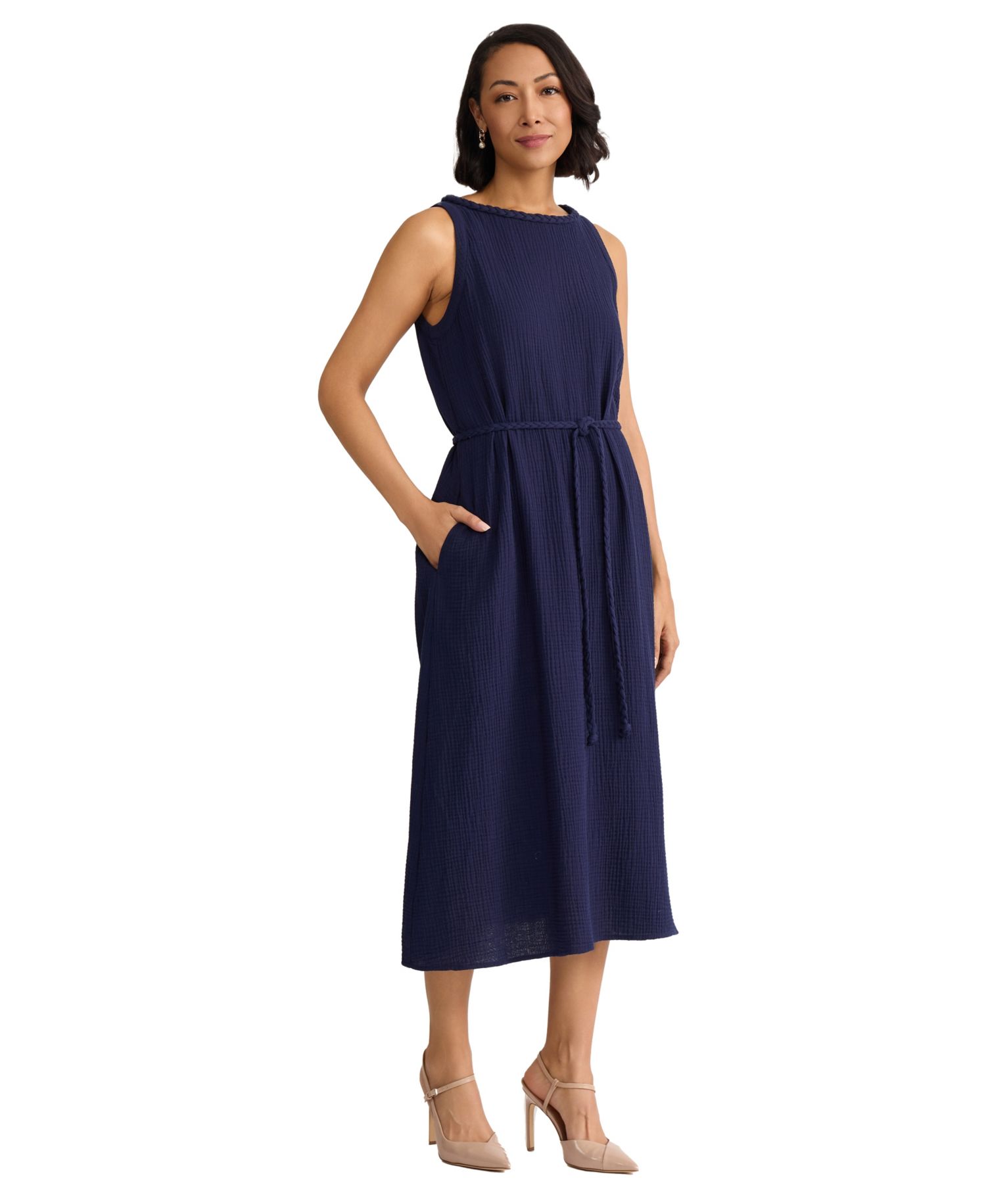 Women's Sleeveless Crinkle Belted Midi Dress
