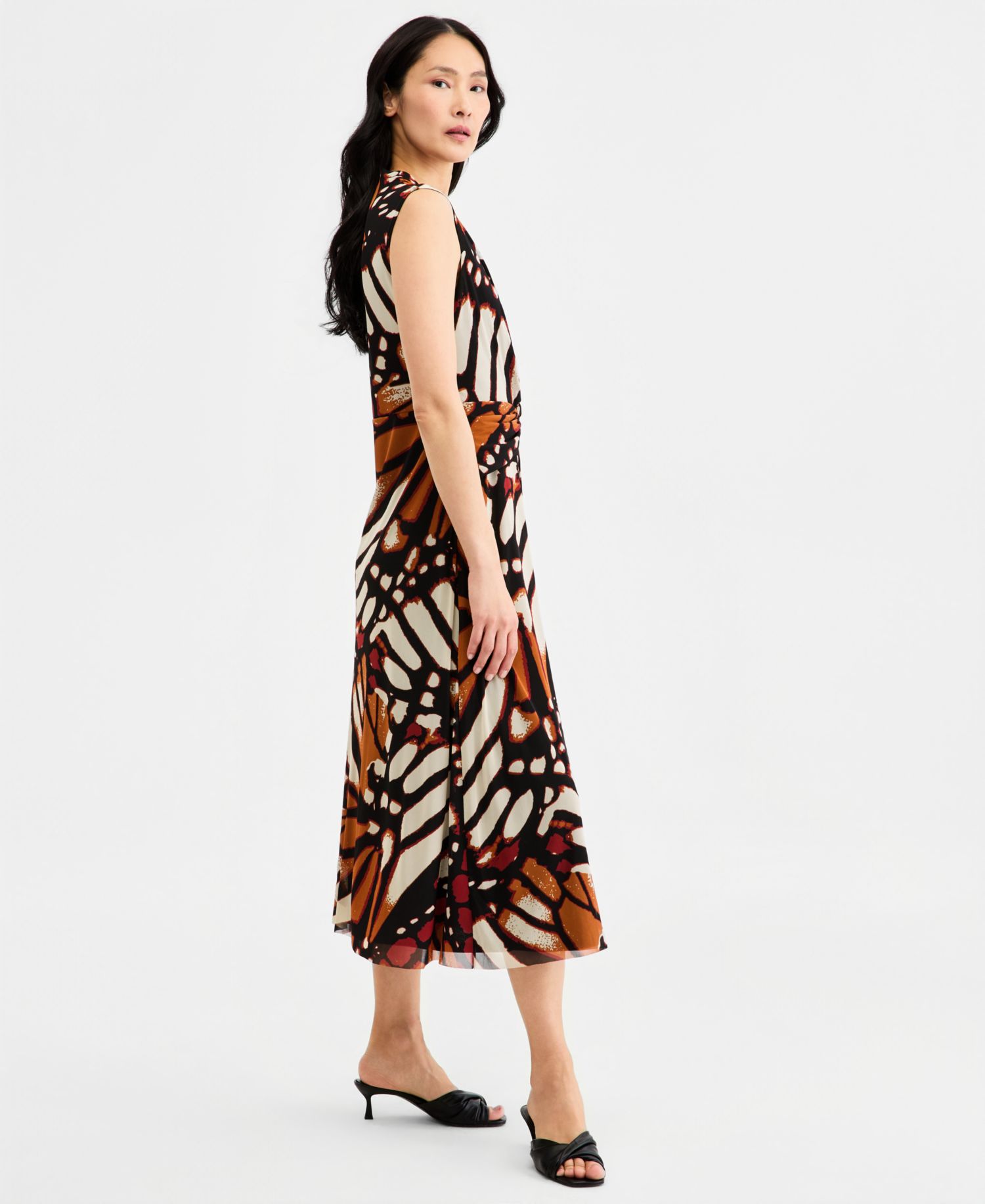 Women's Twist Front Sleeveless Midi Printed Mesh Dress