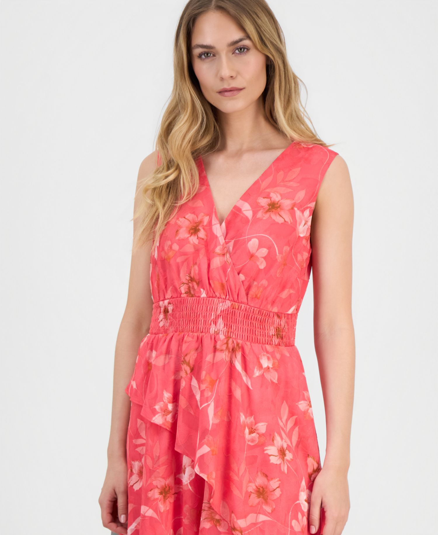Women's Asymmetric-Tiered Floral Chiffon Midi Dress