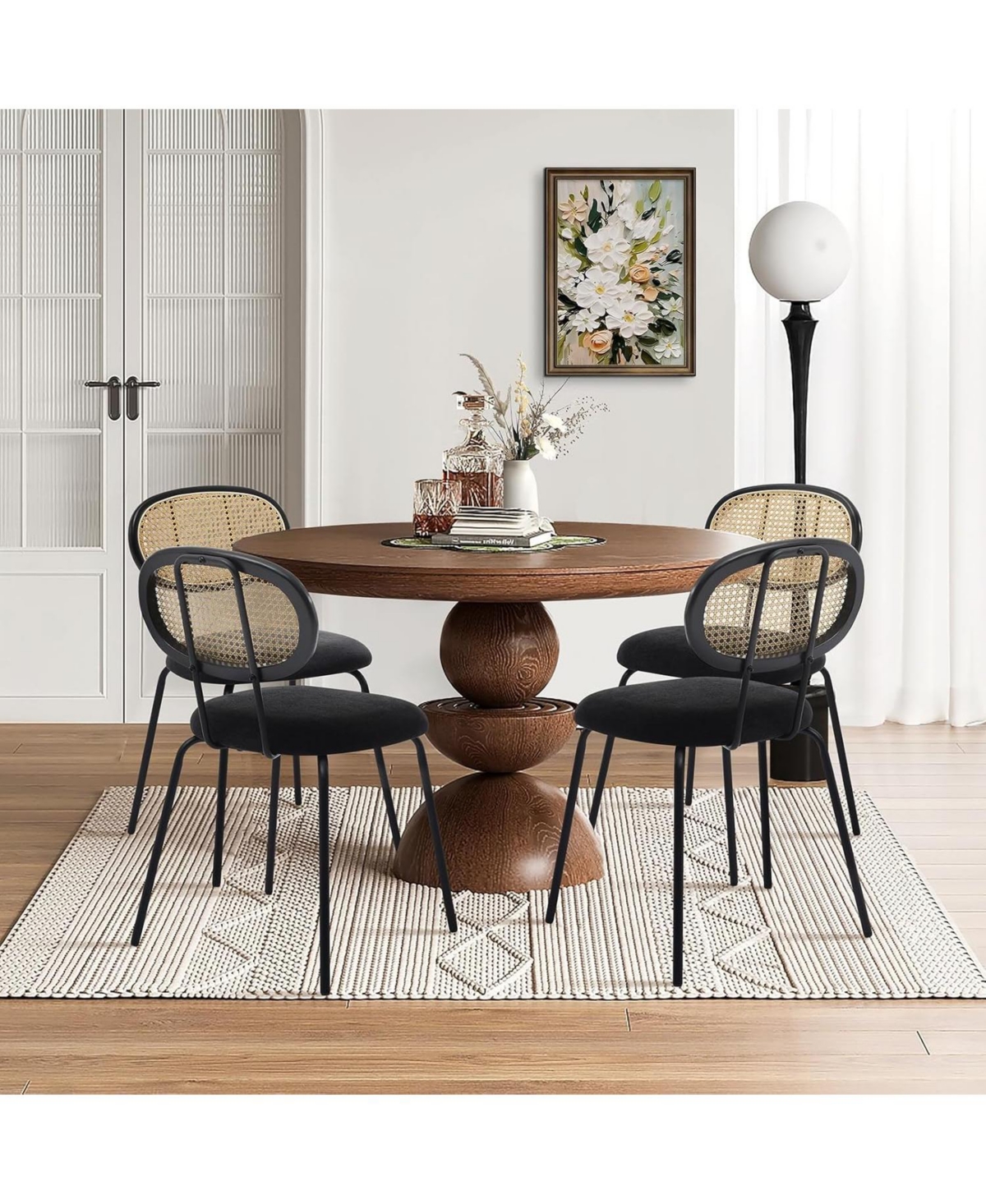 gaomon Rattan Dining Chairs Set of 4,Mid Century Dining Room Chairs with Metal Legs,Modern Velvet Upholstered,Mesh Back Cane Kitchen