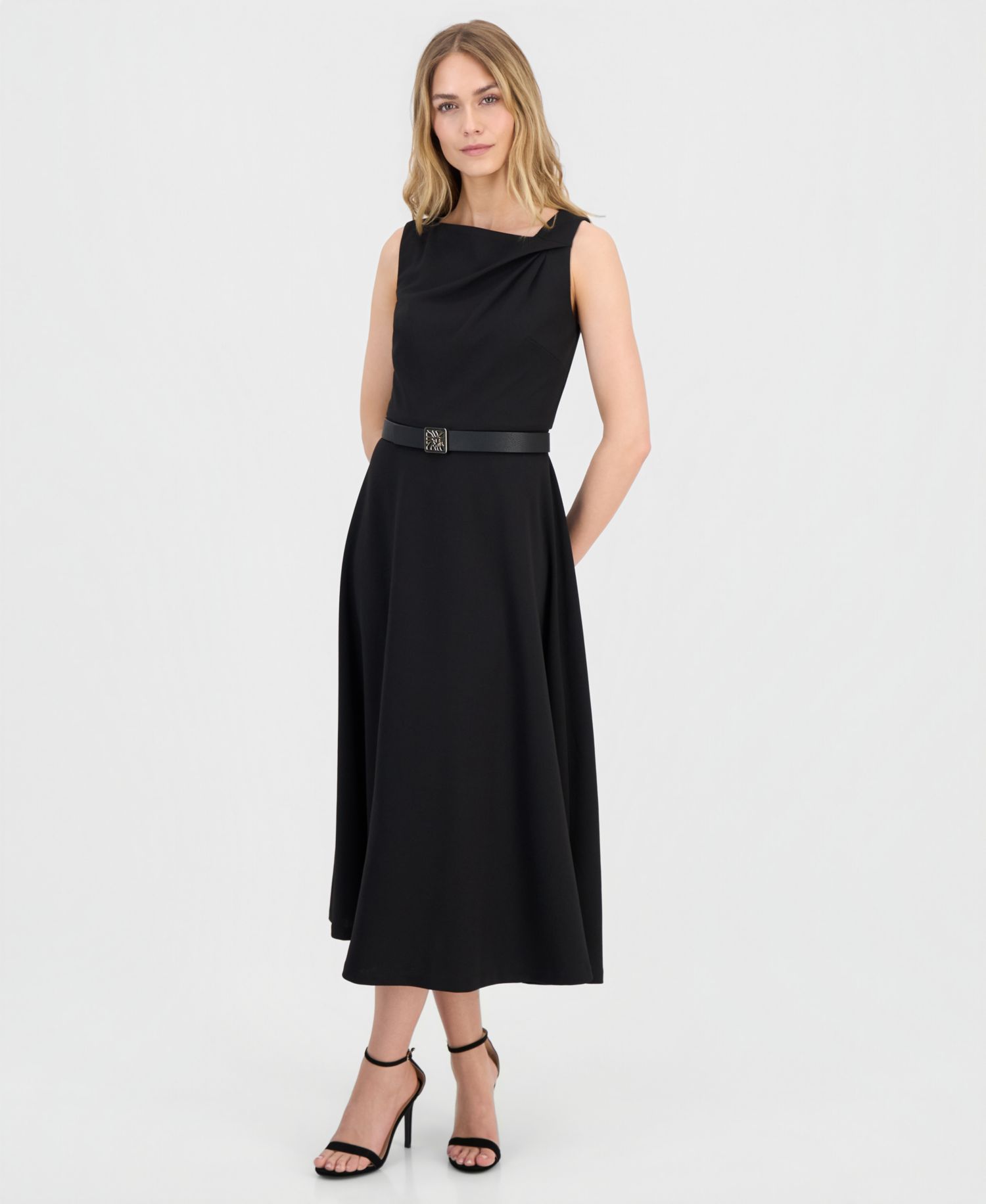 Women's Asymmetric-Neck Belted Midi Dress