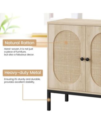 Set of 2 Rattan Sideboard Chest of Drawers with 2 Rattan and Wood Doors, Adjustable Shelves, Metal Feet, 80 cm Wide