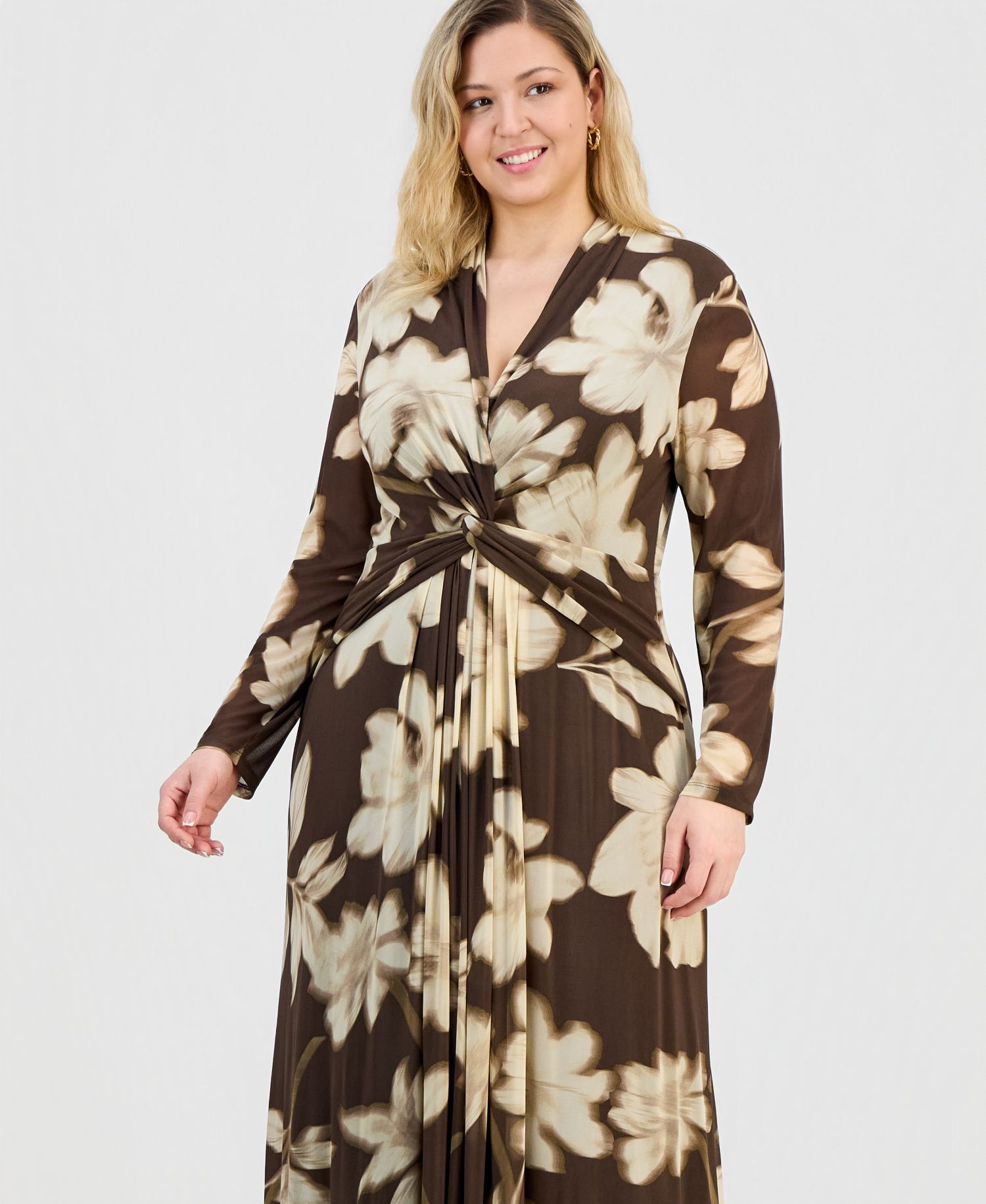 Plus Size Printed Twist-Front Long-Sleeve Mesh Maxi Dress