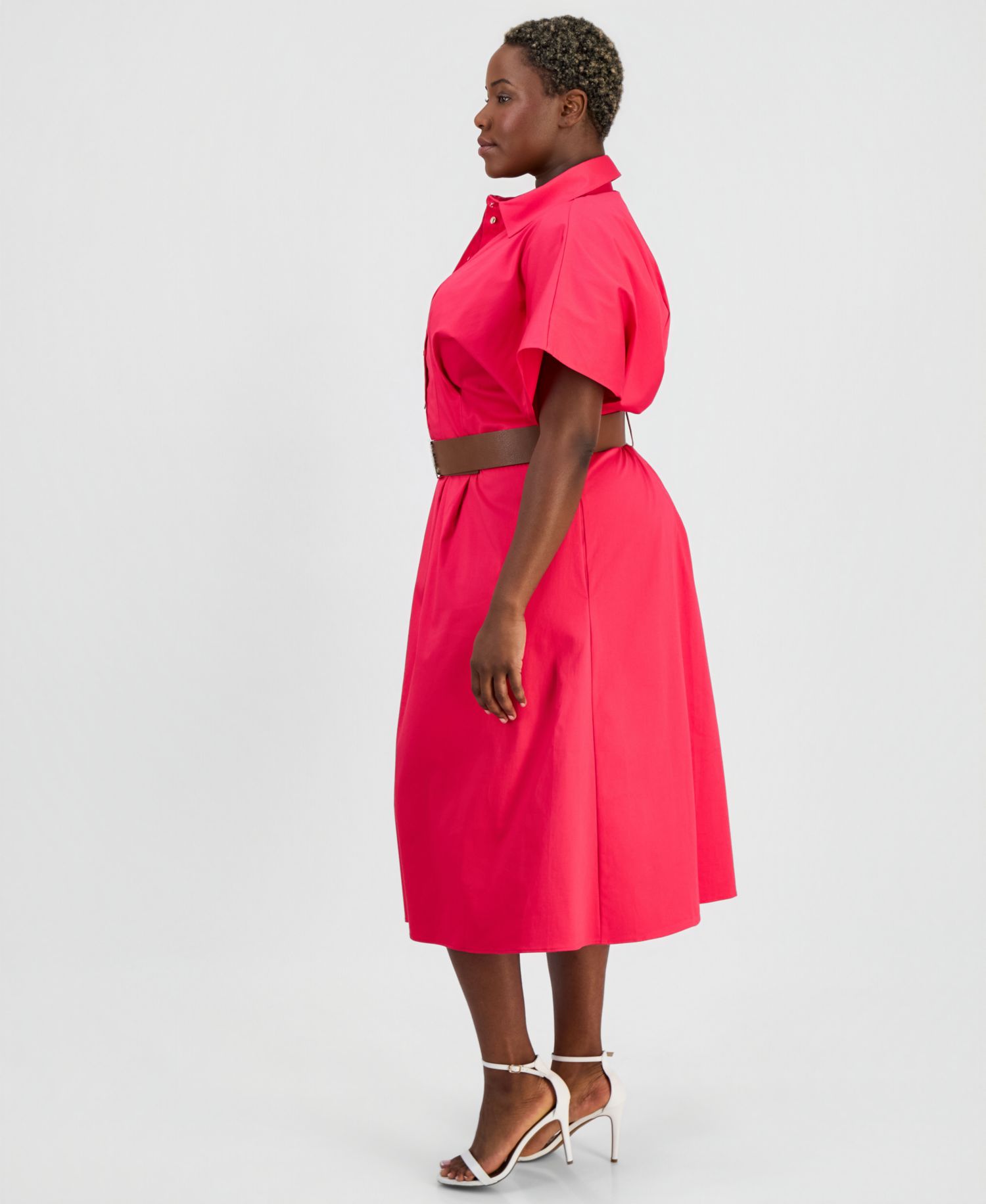 Plus Size Belted Pleated Midi Shirtdress