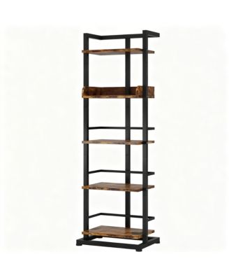 5 Tier Narrow Wood Bookcase Metal Edge Industrial Corner Storage Shelf