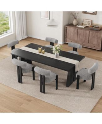 Boucle Dining Chairs Set of 6, Upholstered Kitchen Chairs with Curved Back & Wood Legs.