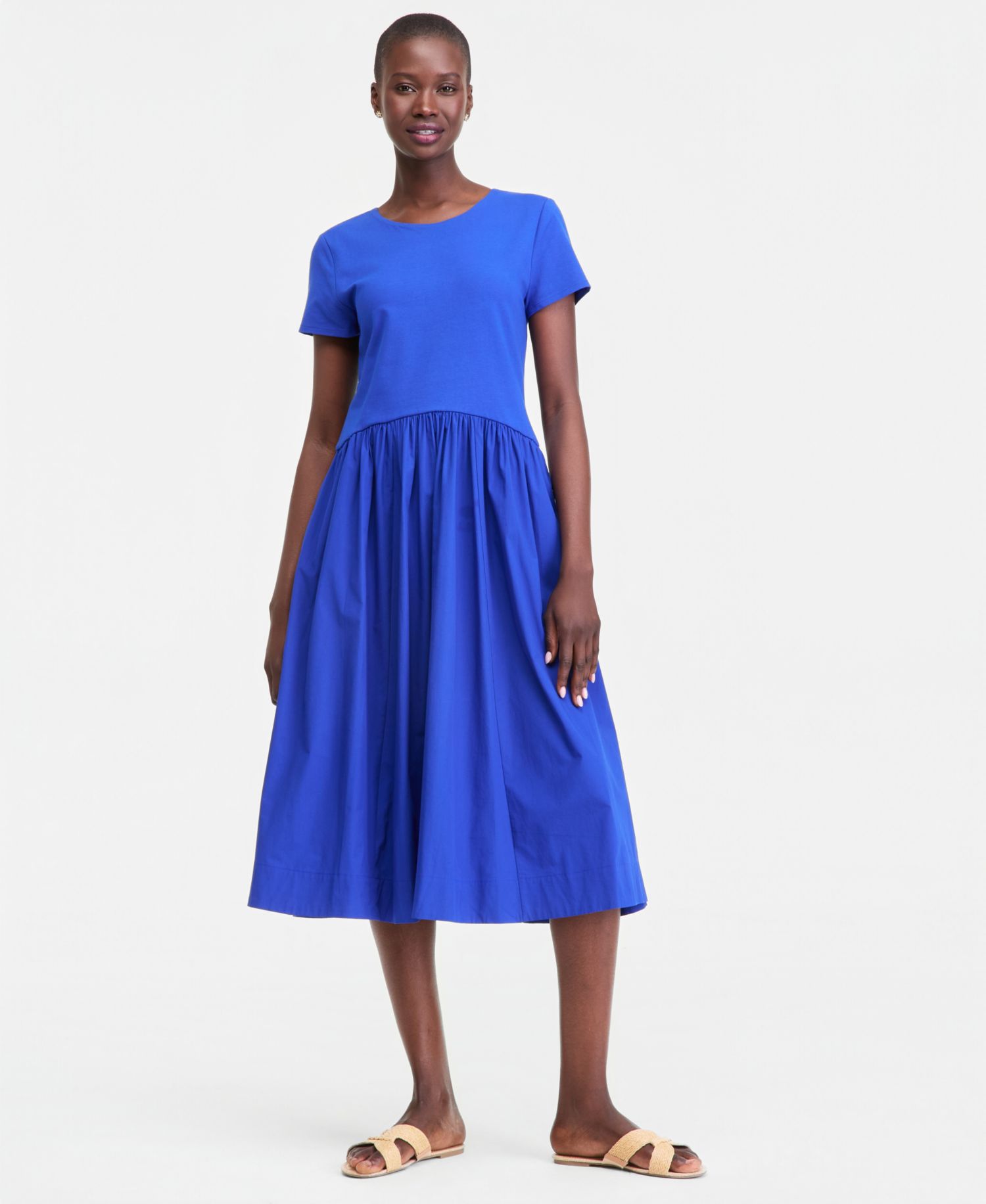 Women's Short-Sleeve Curved-Waist Mixed-Media Midi Dress