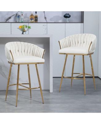 Velvet Bar Stools Set of 2 - Hand-Wave Back, Golden Chrome Base and Footrest, Counter Height Chairs for Kitchen Island, Home Pub