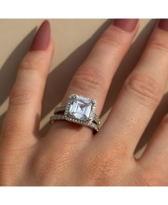 Suzy Levian Sterling Silver White Assher Cubic Zirconia Center Stone Ring