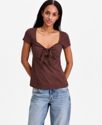 Juniors' Bunny-Tie Short-Sleeve Sweetheart Top