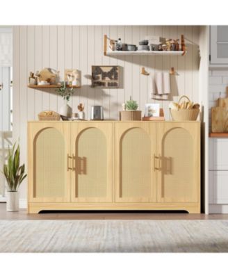 Sideboard Buffet Cabinet - Large Credenza Storage with 4 Rattan Doors, Modern Console Table Accent Coffee Bar Cabinet for Living Room