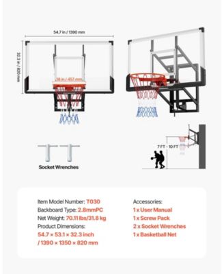 54 Inch Wall Mount Basketball Hoop with Adjustable Backboard