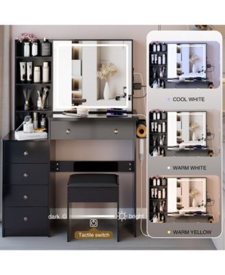 37" Makeup Vanity Set with Touch Control LED Sliding Mirror, Cushioned Stool, Makeup Desk with USB Charge and Hair Dryer Stand for Bedroom