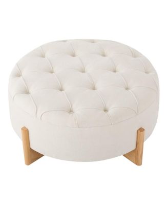32" Round Tufted Ottoman, Chenille Footrest with Solid Wood Legs
